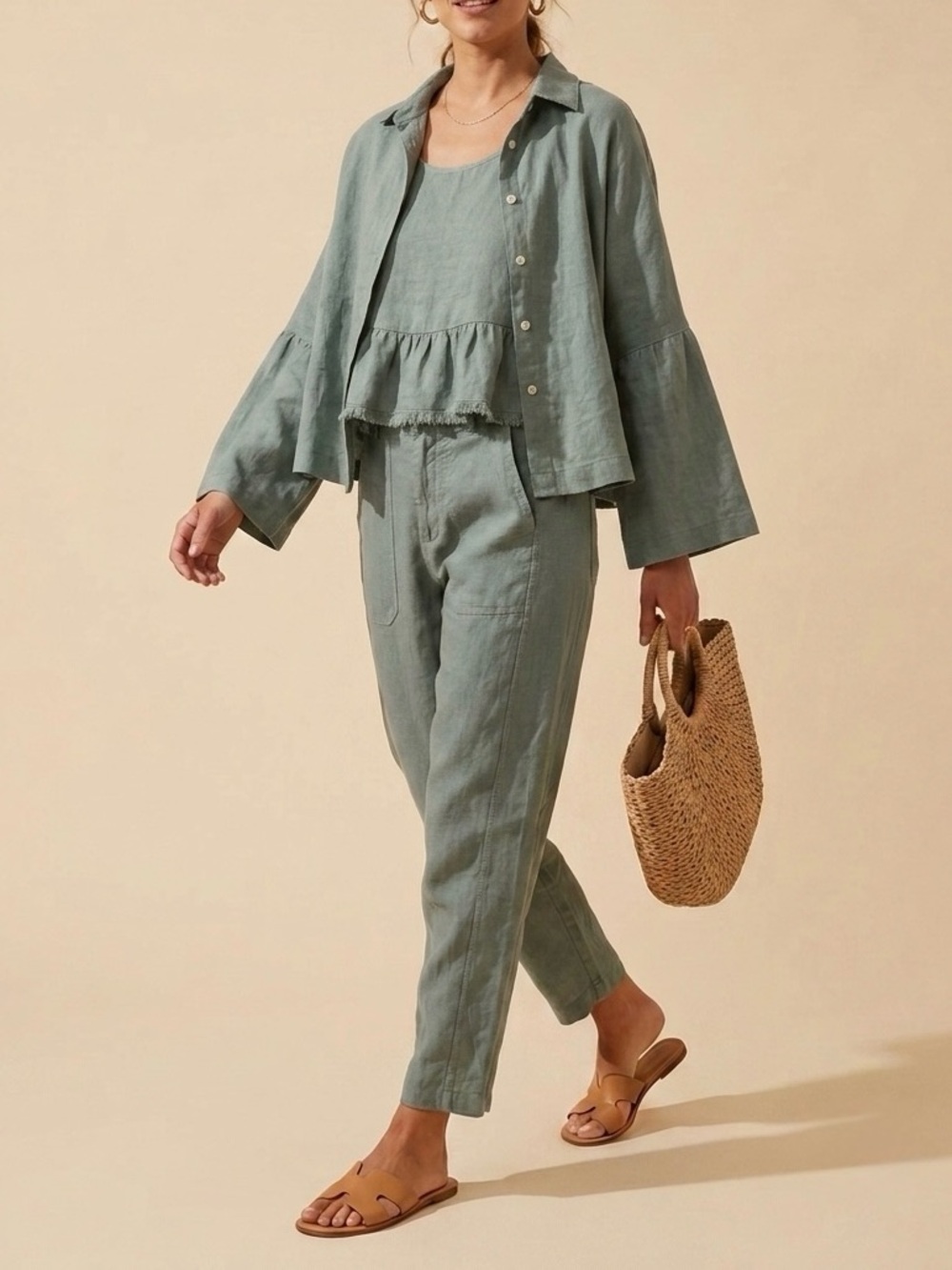 *Set* Sage Green Italian Linen 3 Piece Set - Relaxed Fit OS Made in Italy